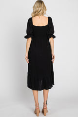 Black Smocked Puff Sleeve Ruffe Hem Midi Dress