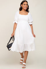 Ivory Smocked Puff Sleeve Ruffe Hem Maternity Midi Dress