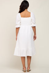 Ivory Smocked Puff Sleeve Ruffe Hem Maternity Midi Dress