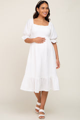 Ivory Smocked Puff Sleeve Ruffe Hem Maternity Midi Dress