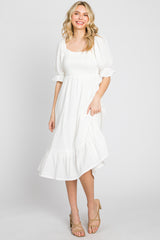 Ivory Smocked Puff Sleeve Ruffe Hem Maternity Midi Dress