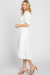 Ivory Smocked Puff Sleeve Ruffe Hem Midi Dress