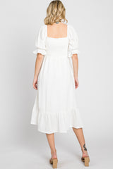 Ivory Smocked Puff Sleeve Ruffe Hem Midi Dress