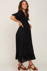 Black Smocked Puff Sleeve Maternity Midi Dress