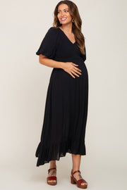 Black Smocked Puff Sleeve Maternity Midi Dress