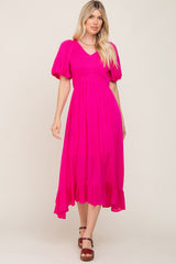 Fuchsia Smocked Puff Sleeve Maternity Midi Dress