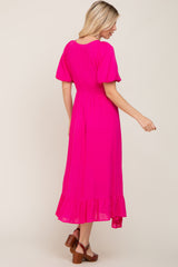 Fuchsia Smocked Puff Sleeve Midi Dress