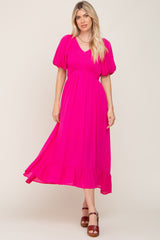 Fuchsia Smocked Puff Sleeve Midi Dress