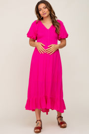 Fuchsia Smocked Puff Sleeve Maternity Midi Dress