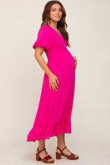 Fuchsia Smocked Puff Sleeve Maternity Midi Dress