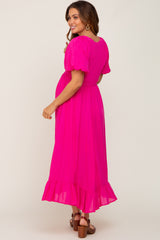 Fuchsia Smocked Puff Sleeve Maternity Midi Dress