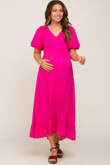 Fuchsia Smocked Puff Sleeve Maternity Midi Dress