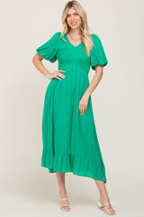 Green Smocked Puff Sleeve Midi Dress