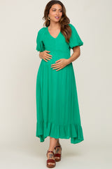 Green Smocked Puff Sleeve Maternity Midi Dress