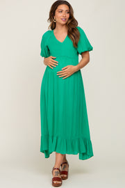 Green Smocked Puff Sleeve Maternity Midi Dress