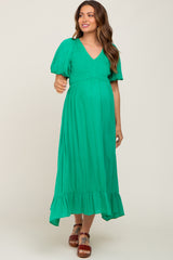 Green Smocked Puff Sleeve Maternity Midi Dress