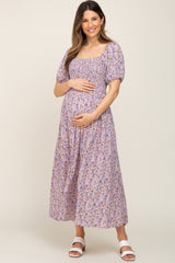 Purple Abstract Floral Smocked Maternity Midi Dress