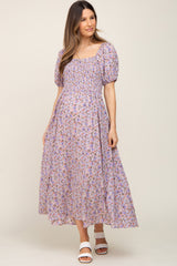 Purple Abstract Floral Smocked Maternity Midi Dress