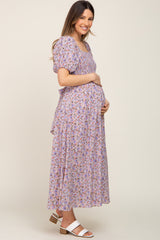 Purple Abstract Floral Smocked Maternity Midi Dress