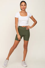 Olive Ribbed Crisscross Biker Shorts