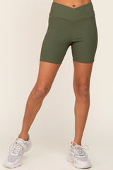 Olive Ribbed Crisscross Biker Shorts