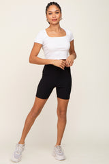 Black Ribbed Crisscross Maternity Biker Shorts