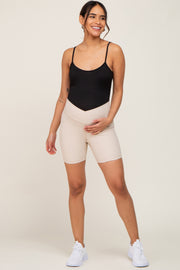 Beige Ribbed Crisscross Maternity Biker Shorts