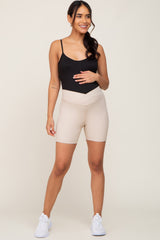 Beige Ribbed Crisscross Maternity Biker Shorts