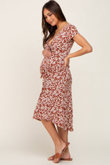 Rust Floral Wrap Front Ruched Hi-Low Maternity Midi Dress