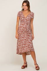 Rust Floral Wrap Front Ruched Hi-Low Maternity Midi Dress