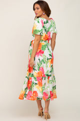 Ivory Floral Chiffon Puff Sleeve V-Neck Maternity Midi Dress