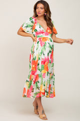 Ivory Floral Chiffon Puff Sleeve V-Neck Maternity Midi Dress