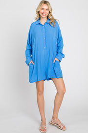 Blue Jacquard Button Down Romper