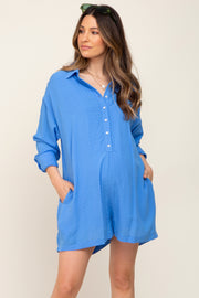 Blue Jacquard Button Down Maternity Romper