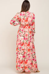 Peach Floral Deep V-Neck Long Sleeve Maternity Maxi Dress