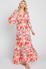 Peach Floral Deep V-Neck Long Sleeve Maternity Maxi Dress