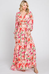 Peach Floral Deep V-Neck Long Sleeve Maxi Dress