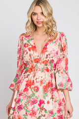 Peach Floral Deep V-Neck Long Sleeve Maxi Dress