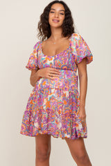 Purple Floral Chiffon Smocked Tiered Maternity Dress