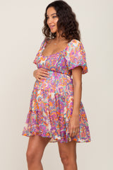 Purple Floral Chiffon Smocked Tiered Maternity Dress