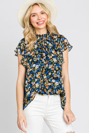 Black Floral Smocked Mock Neck Blouse