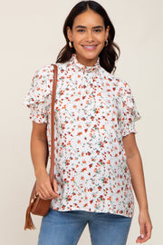 Orange Floral Ruffle Mock Neck Maternity Blouse