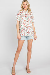 Orange Floral Ruffle Mock Neck Blouse