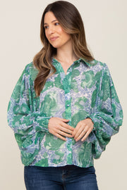 Green Floral Button Up Maternity Blouse