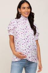 Lavender Floral Ruffle Mock Neck Maternity Blouse