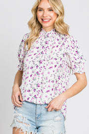 Lavender Floral Ruffle Mock Neck Blouse