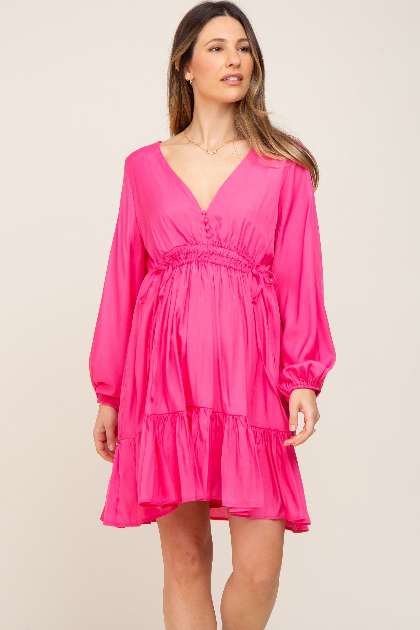 Fuchsia V-Neck Cinched Maternity Dress– PinkBlush