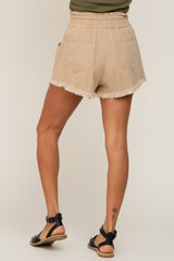 Beige Drawstring Frayed Hem Shorts