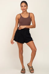 Black Drawstring Frayed Hem Maternity Shorts