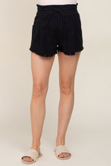 Black Drawstring Frayed Hem Maternity Shorts